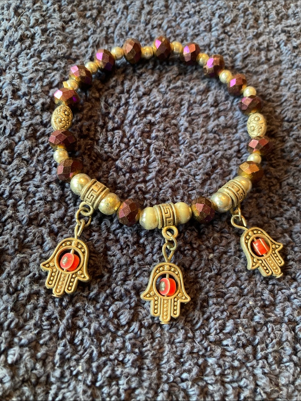 Silver Tone and Garnet ColoredBeaded Hamsa Charm Stretch Bracelet